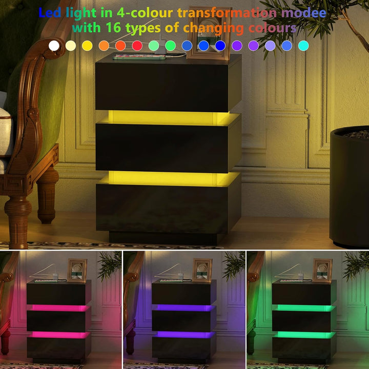 PIPIPOXER Nachttisch LED mit Steckdose & USB, Nachtschrank Schwarz Hochglanz Nachtkommode 3 Schublad