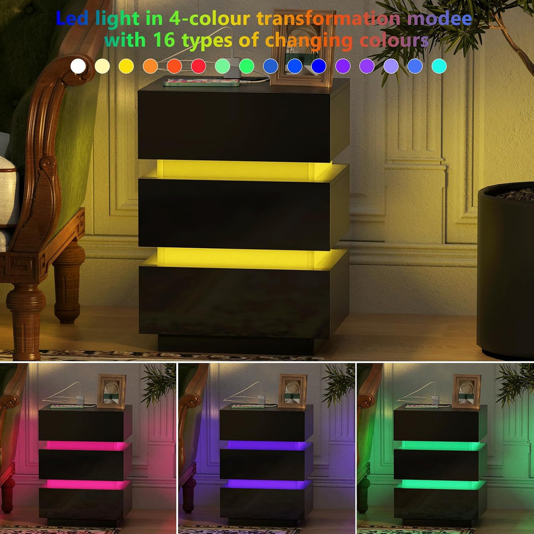 PIPIPOXER 2er Set Nachttisch Schwarz, Nachttisch mit Led Beleuchtung, Nachttisch 3 Schubladen 16 Far