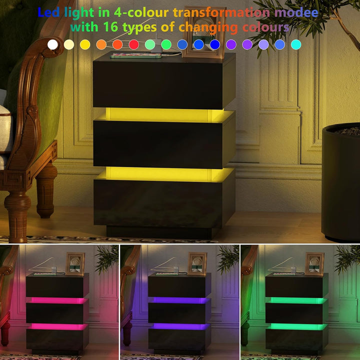 PIPIPOXER 2er Set Nachttisch Schwarz, Nachttisch mit Led Beleuchtung, Nachttisch 3 Schubladen 16 Far