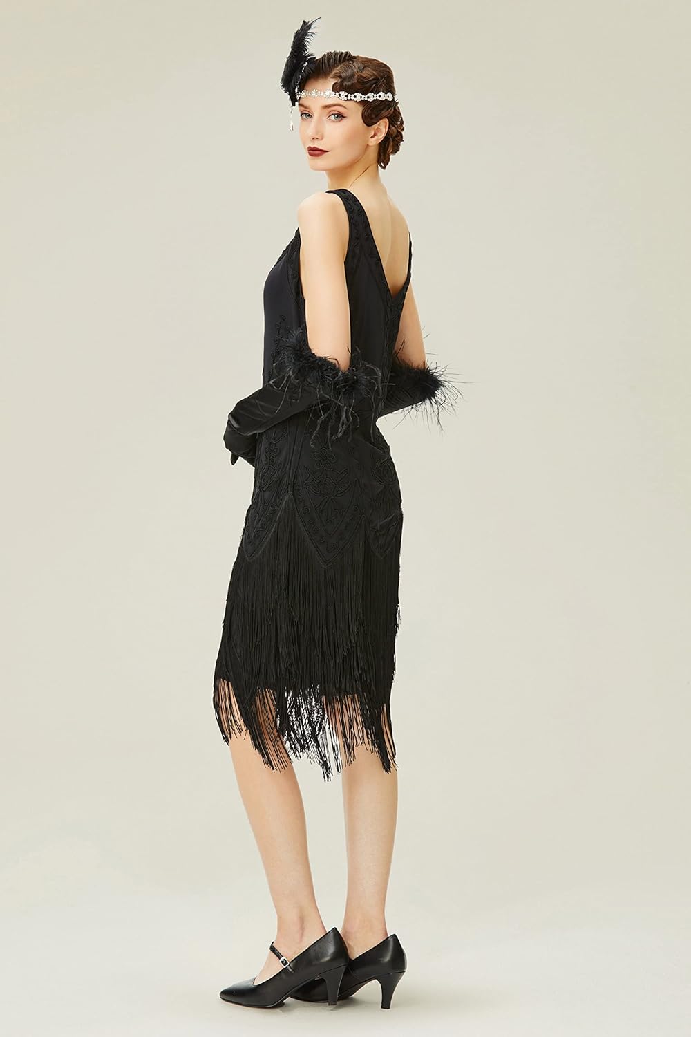BABEYOND 1920s Kleid Damen Flapper Kleid ohne Ärmel V Ausschnitt Knielang Charleston Kleid Gatsby Mo