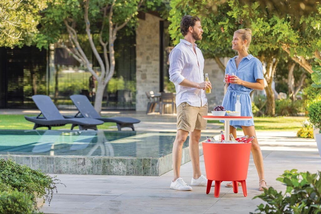 Keter Classic Cool Bar Beistelltisch, 30L, weiss/rot | inklusive Kühlfunktion, ausziehbar zum Cockta