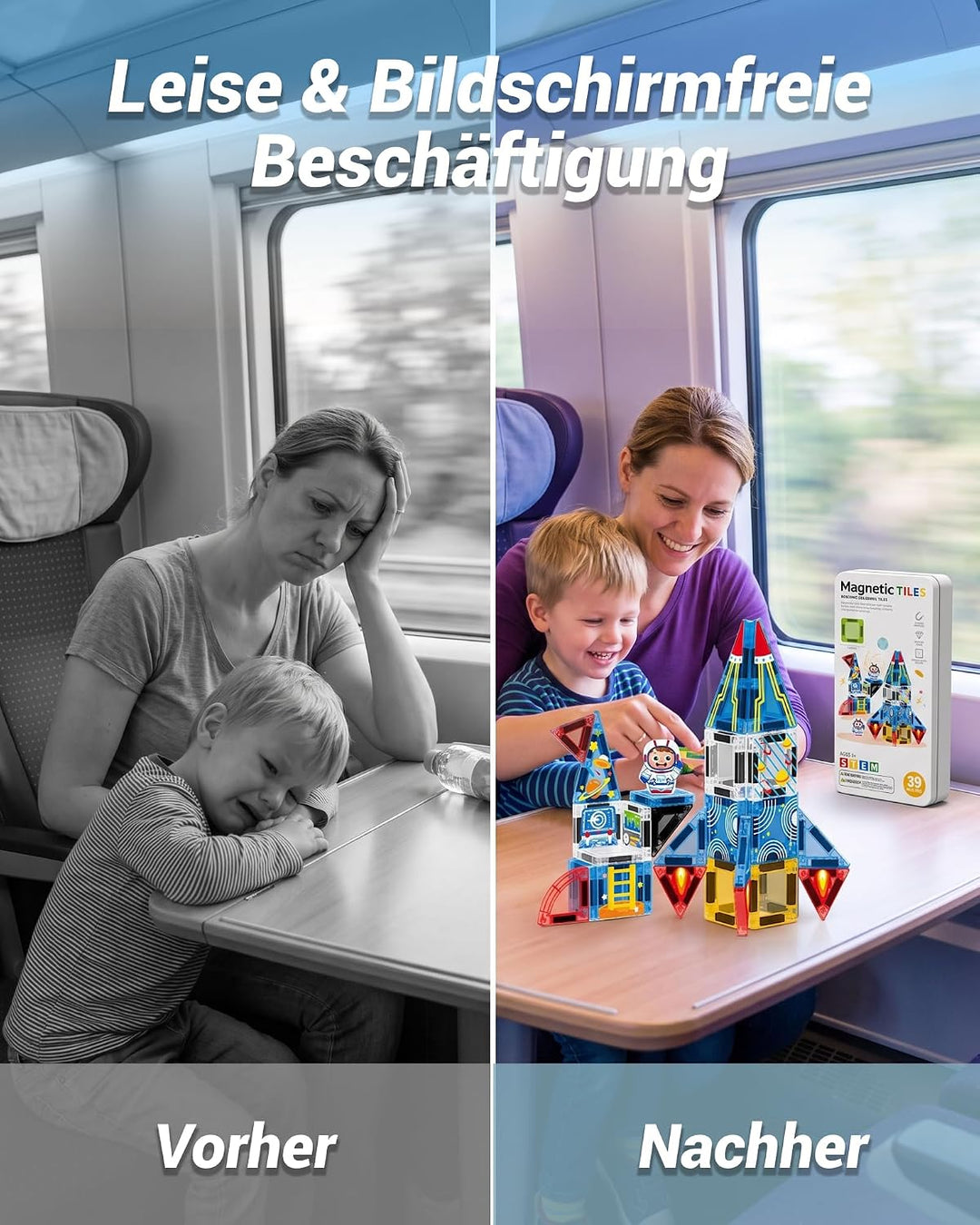 Mini Magnetische Bausteine Reiseset mit Metallbox, 39 Teile Magnetbausteine Rakete, Rakete