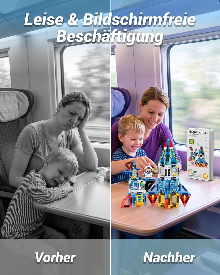 Mini Magnetische Bausteine Reiseset mit Metallbox, 39 Teile Magnetbausteine Rakete, Rakete