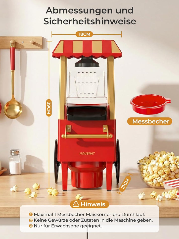 3,5L Popcornmaschine, HOUSNAT 1200W Heissluft Popcorn Maschine, Fettarme Ölfreie Popcorn Snack, Popc