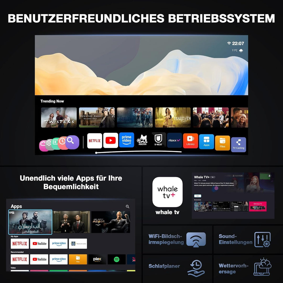 Smart Beamer【1000ANSI ＆ Offizielle App】 Mini Projektor mit Autofokus ＆ Trapezkorrektur, VOPLLS 1080P