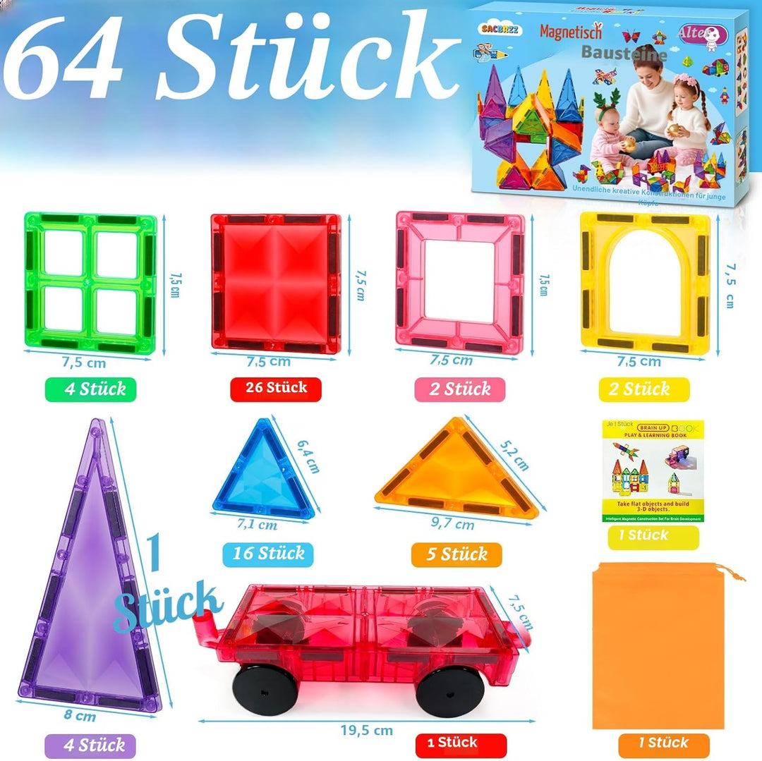 Magnetische Bausteine 60 Teile, Magnetbausteine Kinder Bauspielzeug Mit 1 Autos, Magnetic Tiles Lehr