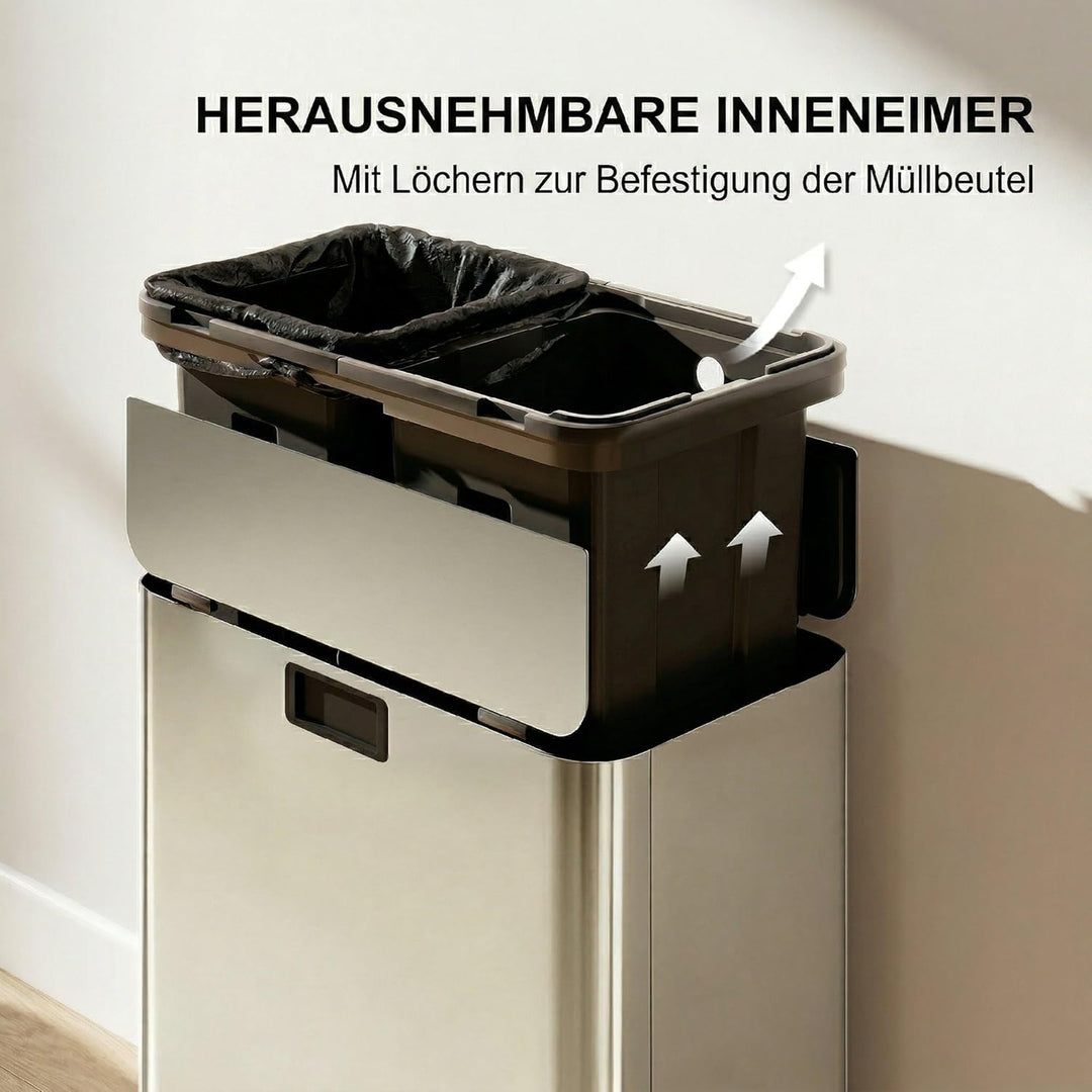 HOMCOM Küchenmülleimer Soft-Close-Schmetterlingsdeckel 2 x 28L Silberton | Edelstahl-Tretmülleimer,