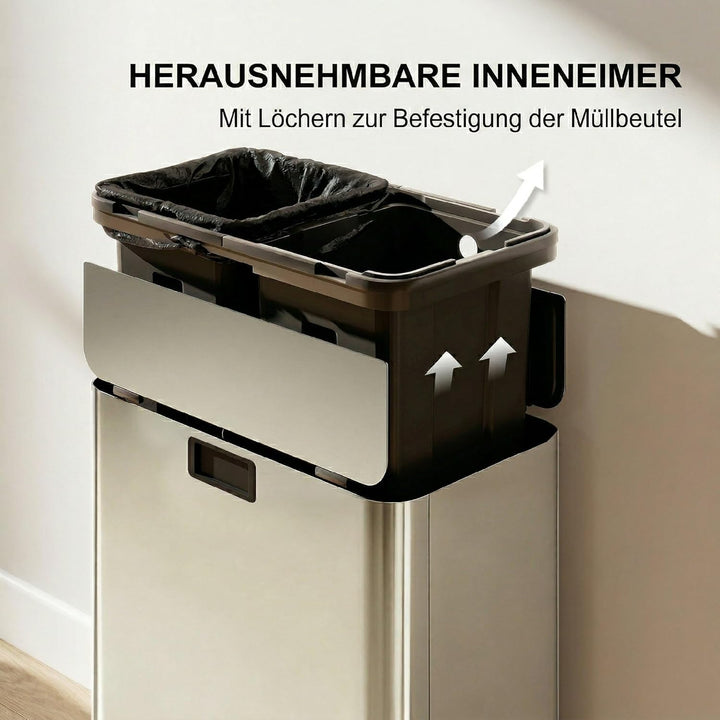 HOMCOM Küchenmülleimer Soft-Close-Schmetterlingsdeckel 2 x 28L Silberton | Edelstahl-Tretmülleimer,