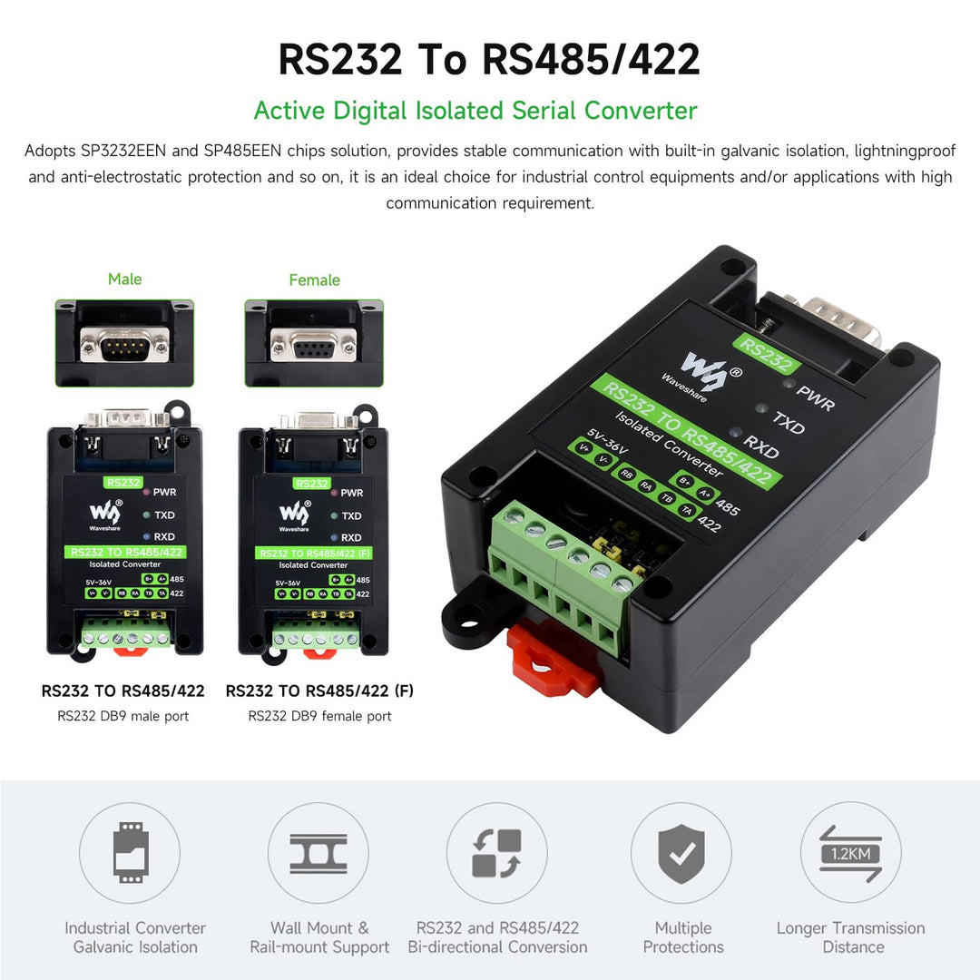 Waveshare RS232 To RS485/422 Active Digital Isolated Converter, Onboard SP3232EEN&SP485EEN Chip, RS2