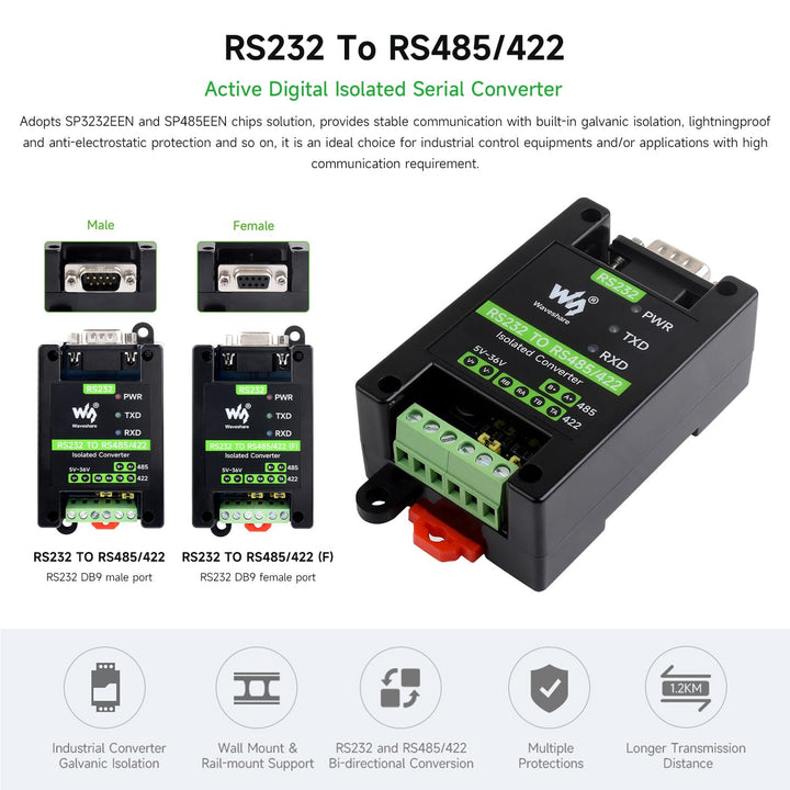 Waveshare RS232 To RS485/422 Active Digital Isolated Converter, Onboard SP3232EEN&SP485EEN Chip, RS2