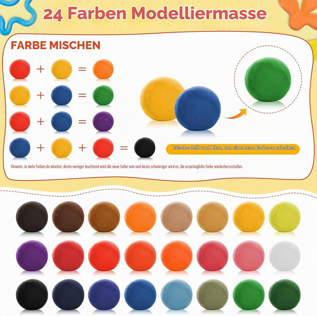 Knete Set für Kinder, 24er Set Knetmasse für Fantasievolles und Kreatives Spielen, 24 Farben Knete m