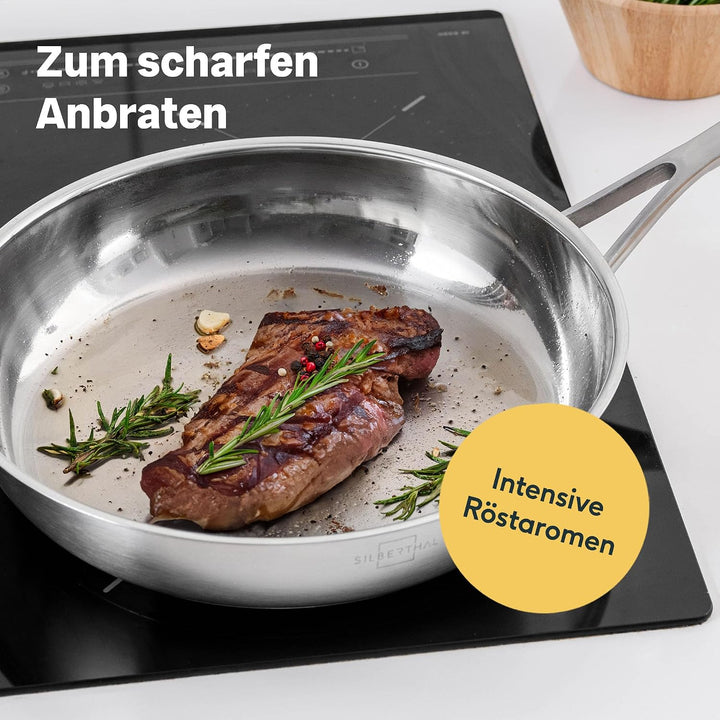 SILBERTHAL Pfannen Set 3 teilig - Edelstahlpfanne Unbeschichtet - 20, 24 und 28 cm - Induktionsgeeig