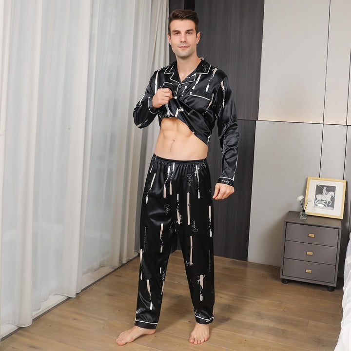 RuanMM Herren-Pyjama-Set aus seidigem Satin mit schwarzem Muster, Nachtwäsche mit Langen Ärmeln und