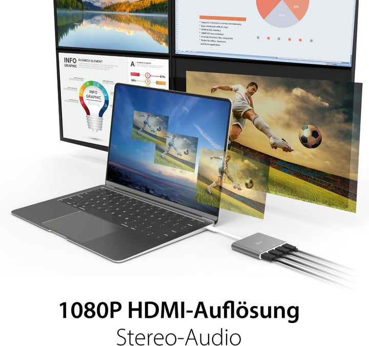 j5create USB-C auf 4 HDMI Anschlüsse Adapter Hub- Multimonitor Verteiler - Unterstützt Vier 1080p 60