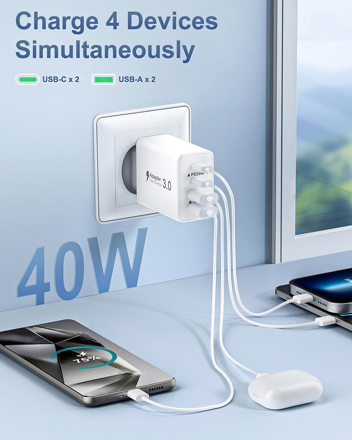2-Pack USB C Stecker, 40W 4-Ports USB C Ladegerät Mehrfach Netzteil USBC Fast Charger PD Power Adapt