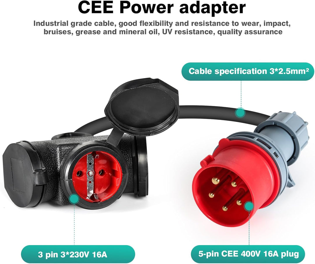 CEE Adapter 16A 400V Male Stecker auf 3x230V Stecker CEE auf Schuko Adapter mit 5 * 2,5mm² Starkstro
