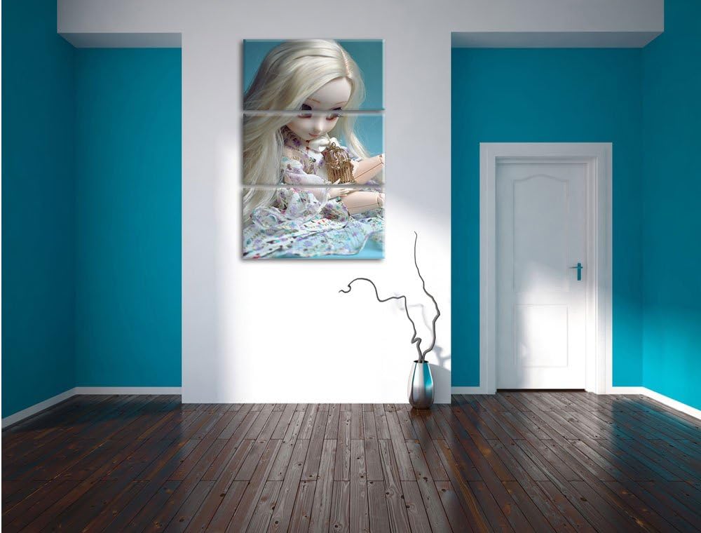 Pixxprint Blonde Pullip-Puppe mit Vogelkäfig als Leinwandbild/Grösse: 3 Teilig (120x80) cm/Wandbild/