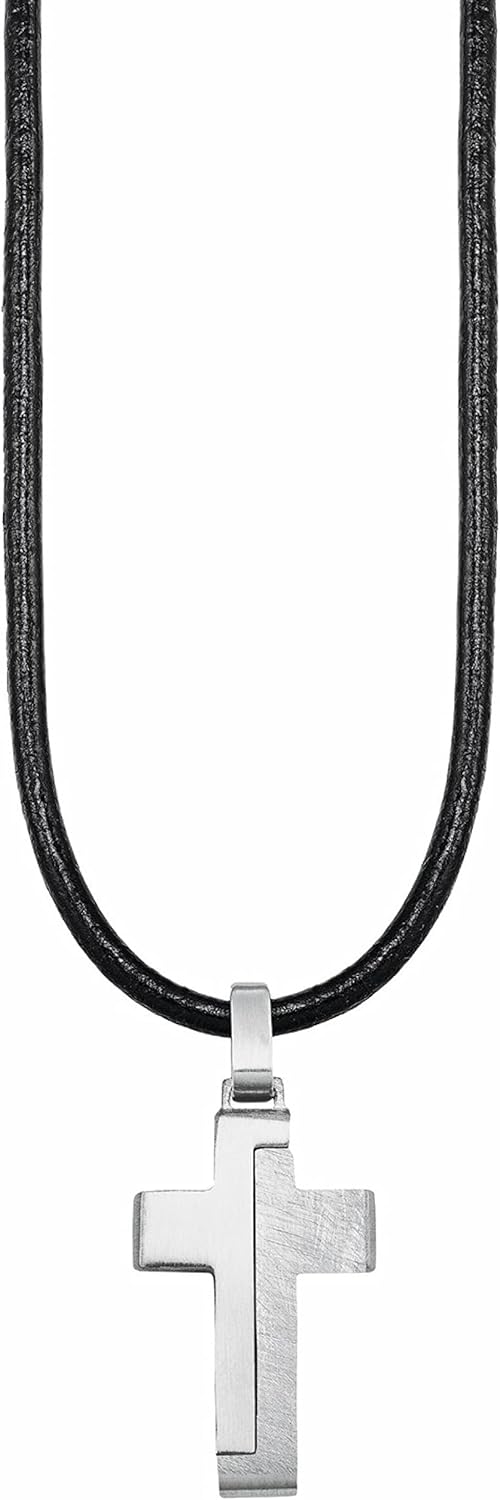 s.Oliver Kette mit Anhänger Edelstahl Leder Jungen Kinder Halsschmuck, 40+3 cm, Schwarz, Kreuz, Komm