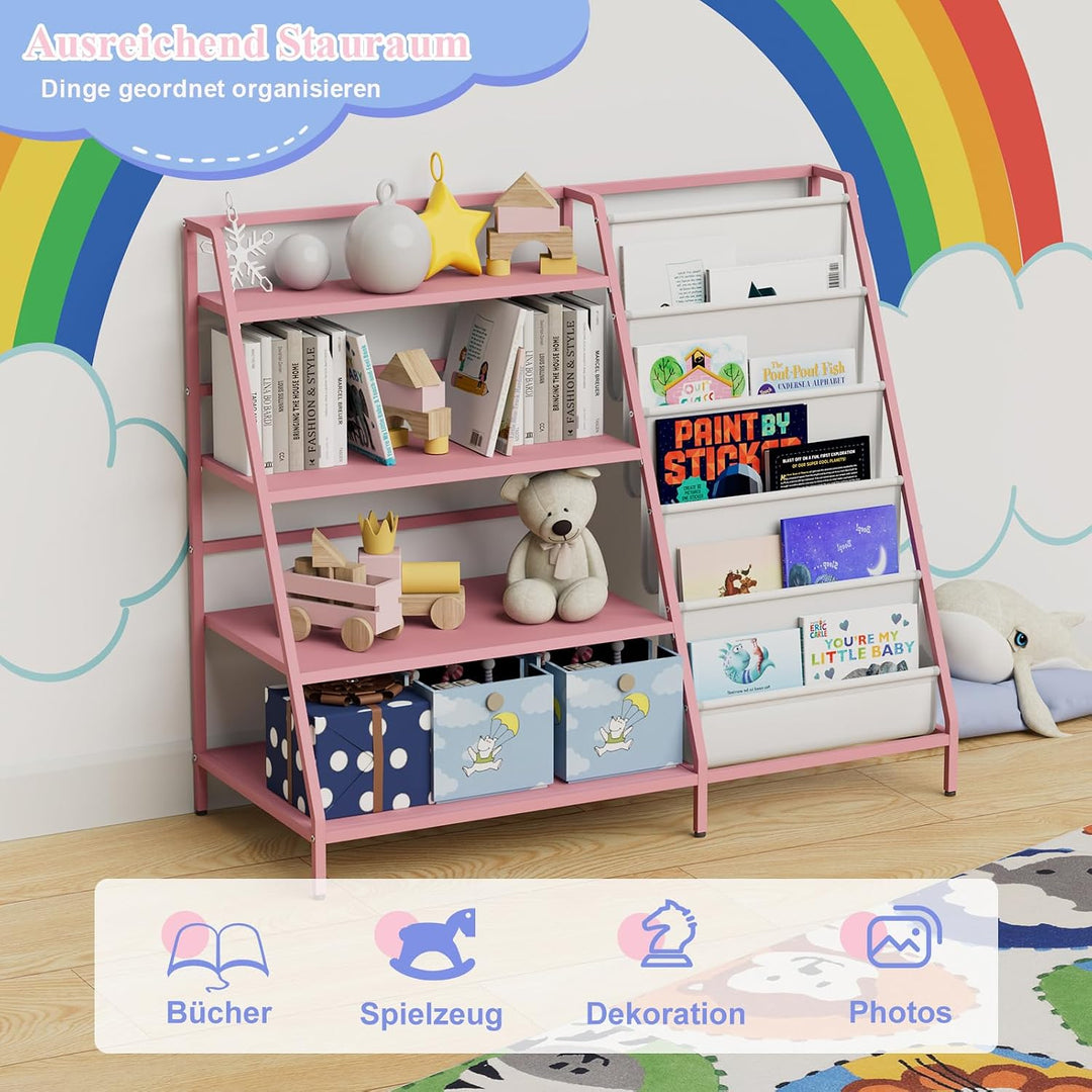 KEEPREAPER Bücherregal Kinder Metall mit 5 Fächern und 3 Ablagen, Kinderregal Montessori Spielzeug-O