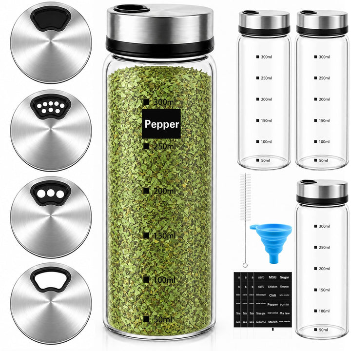 Mssushi 4er Set Salzstreuer Klein mit Drehdeckel 300ml | 10oz, Gewürzgläser Rund Glas Leer, 4 Lochgr
