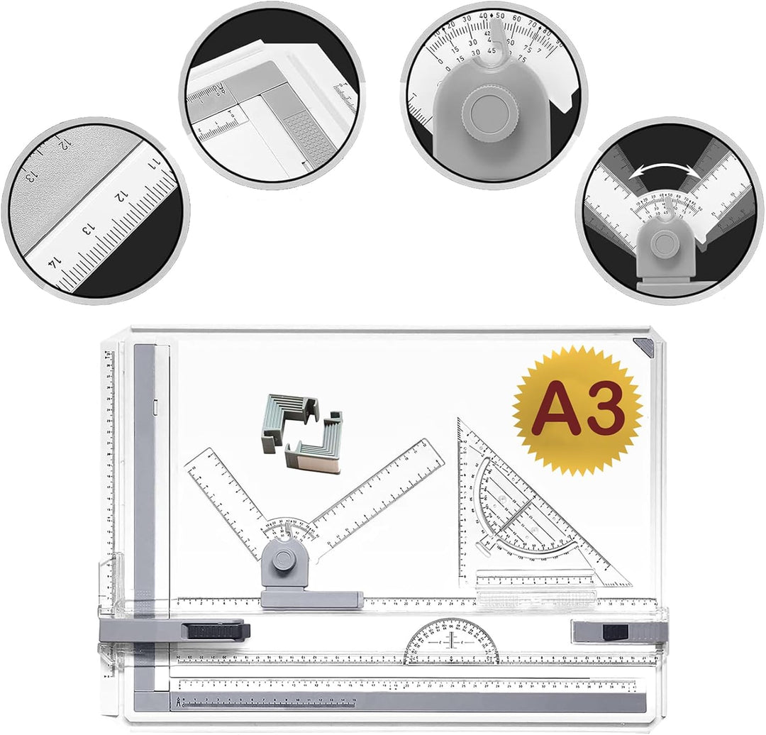 A3 Zeichenbrett, Geo-Board gz Platte, Multifunktionaler Zeichenplatte Din A3 Zeichenschiene mit Wink