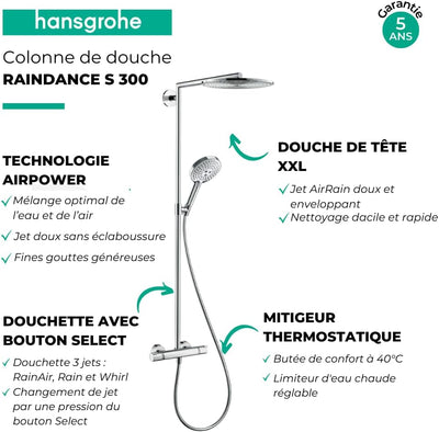 hansgrohe Raindance Select S 300 Duschsystem (3 Strahlarten) Chrom Chrom Kopfbrause mit 1 Strahlart