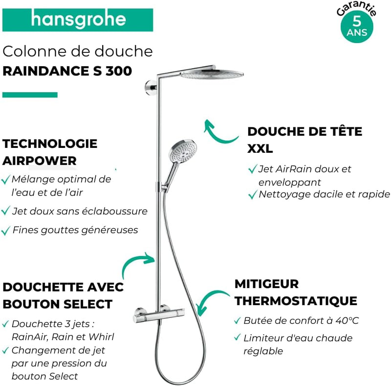 hansgrohe Raindance Select S 300 Duschsystem (3 Strahlarten) Chrom Chrom Kopfbrause mit 1 Strahlart