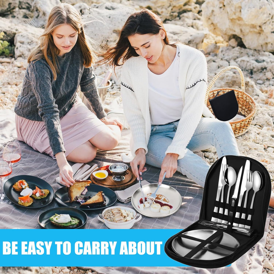 Camping Geschirr Set 2 Personen,12-teilig Besteckset mit Edelstahl Gabeln Tragbars Campingbesteck au