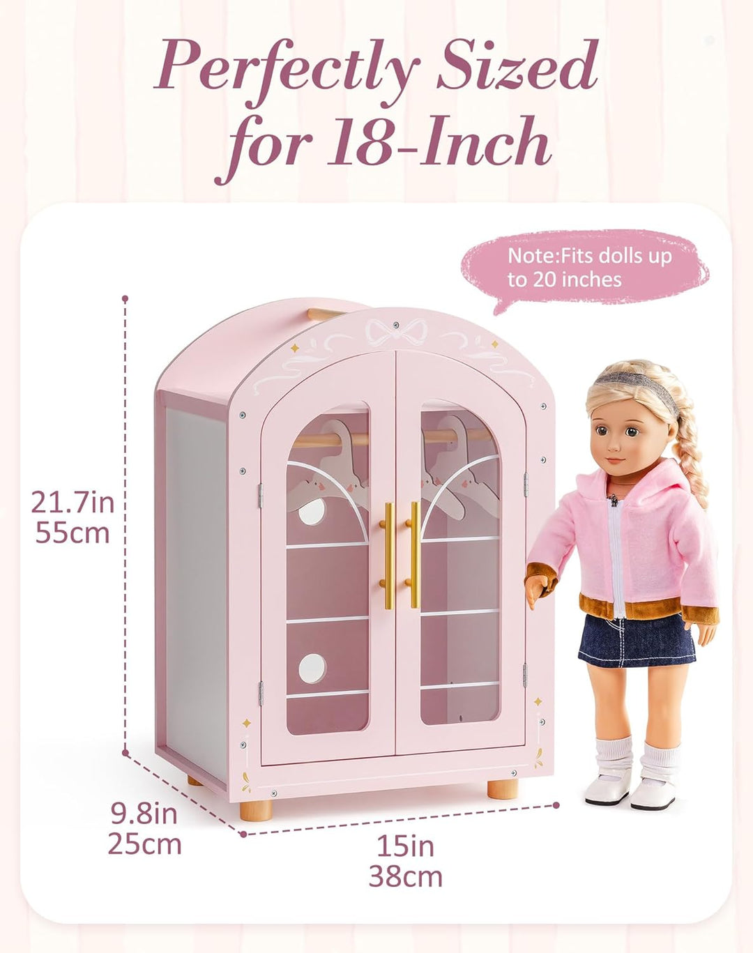 ROBOTIME Holz Puppenschrank für 43-45cm Puppen, Kleiderschrank mit Spiegel & Kleiderbügel, Holz Pupp