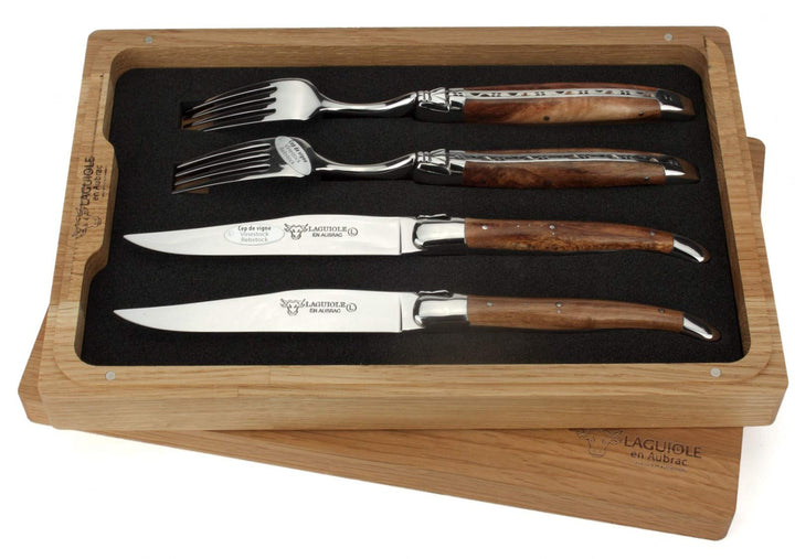 Laguiole en Aubrac - 2 Steakmesser und 2 Gabel Besteck-Set - Griff alte Weinrebe - Original Frankrei