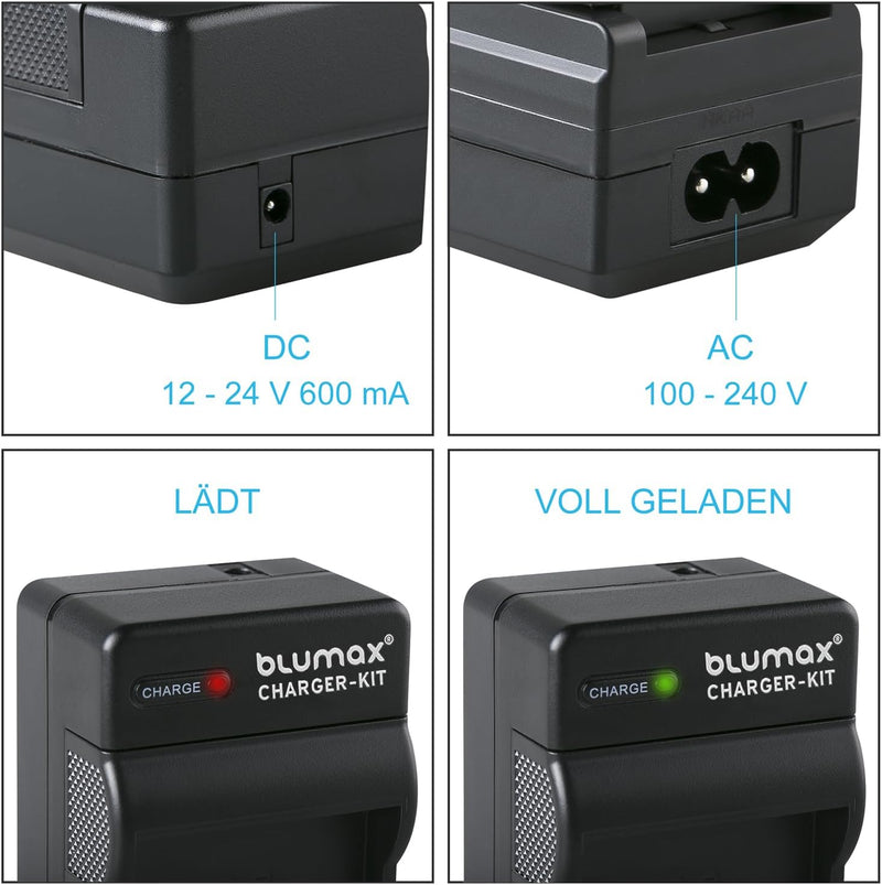 Blumax 2X Akku 1025mAh + Ladegerät Netzteil ersetzt Panasonic DMW-BLG10 e kompatibel mit Panasonic L