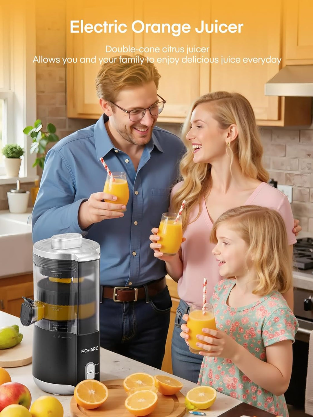 FOHERE Zitruspresse Elektrisch, Automatische Saftpresse Elektrisch Orangenpresse Mit 100 W Leiser Mo