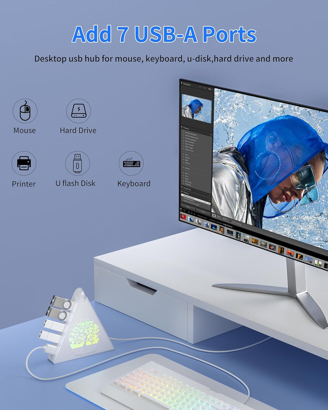 7-Port USB 3.0 Hub, Weiss Vertikaler USB Hub Splitter mit baumförmiger RGB-Beleuchtung, 5Gbps Hochge