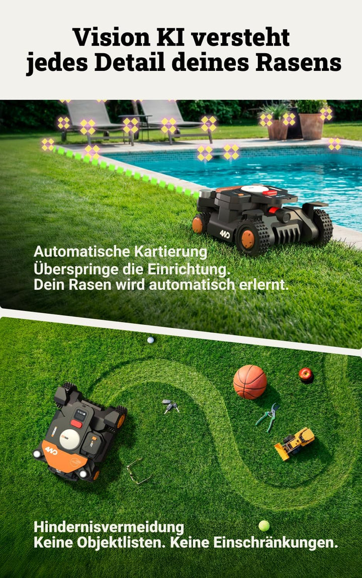 WORX Landroid Vision Cloud WR340E 4WD Mähroboter ohne Begrenzungskabel für 600 m² (KI-Hinderniserken