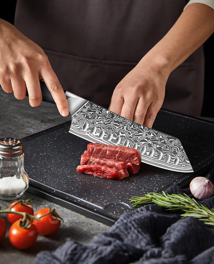 MOSFiATA Damast Santokumesser Scharf 7 Zoll, Küchenmesser Damastmesser Japanisches Messer Chef Knife