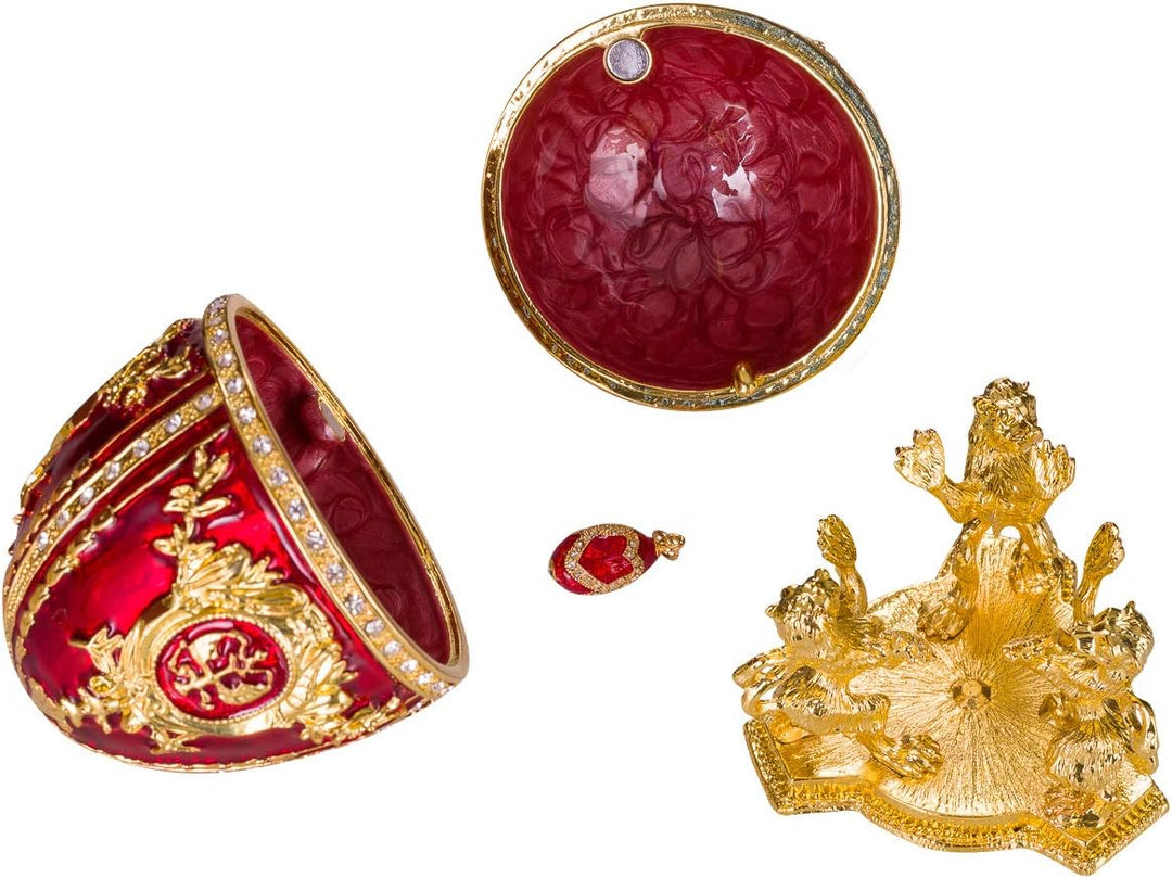 Fabergé-Stil Ei/Schmuckkästchen mit Löwen 15,5 cm rot
