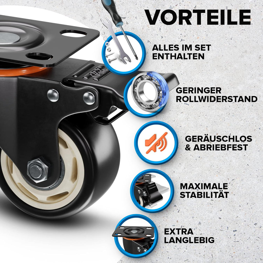 PEARWAY™ Premium Lenkrollen 75mm mit Bremse [4x gesamt 500kg] inkl. Montagezubehör I Robuste Transpo