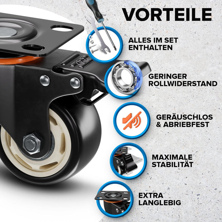 PEARWAY™ Premium Lenkrollen 75mm mit Bremse [4x gesamt 500kg] inkl. Montagezubehör I Robuste Transpo