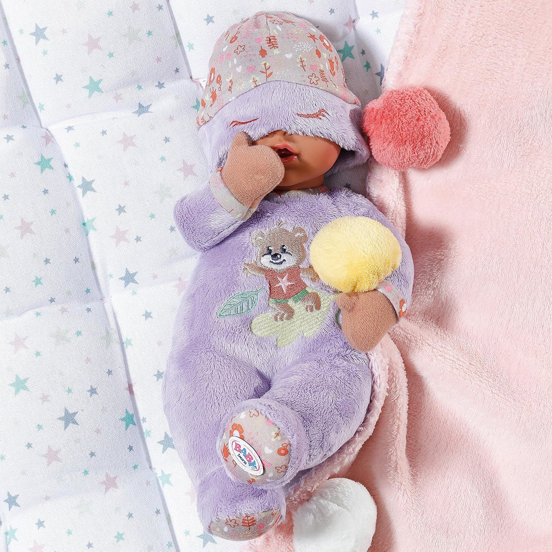 BABY born Sleepy for babies 30cm, weiche Stoffpuppe in lila mit herunterziehbarer Mütze und integrie
