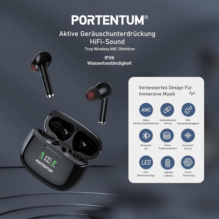 PORTENTUM Kopfhörer kabellos bluetooth 6.0 – HYBRID ANC + ENC Geräuschunterdrückung – Akkulaufzeit 6