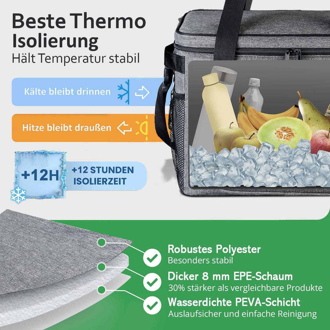 Faltbare Kühltasche gross 30L wasserdicht +12h Frische extra stark isolierte Kühltasche faltbar – Kü