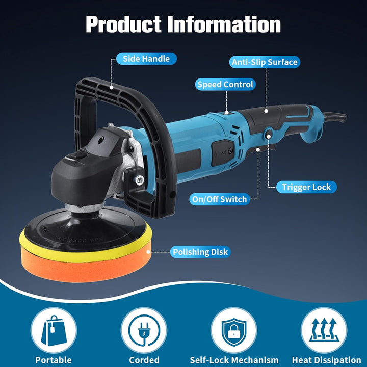 Auto Poliermaschine Schleifmaschine – 1600W Auto Polierer mit 6 variable Geschwindigkeiten (500-3300