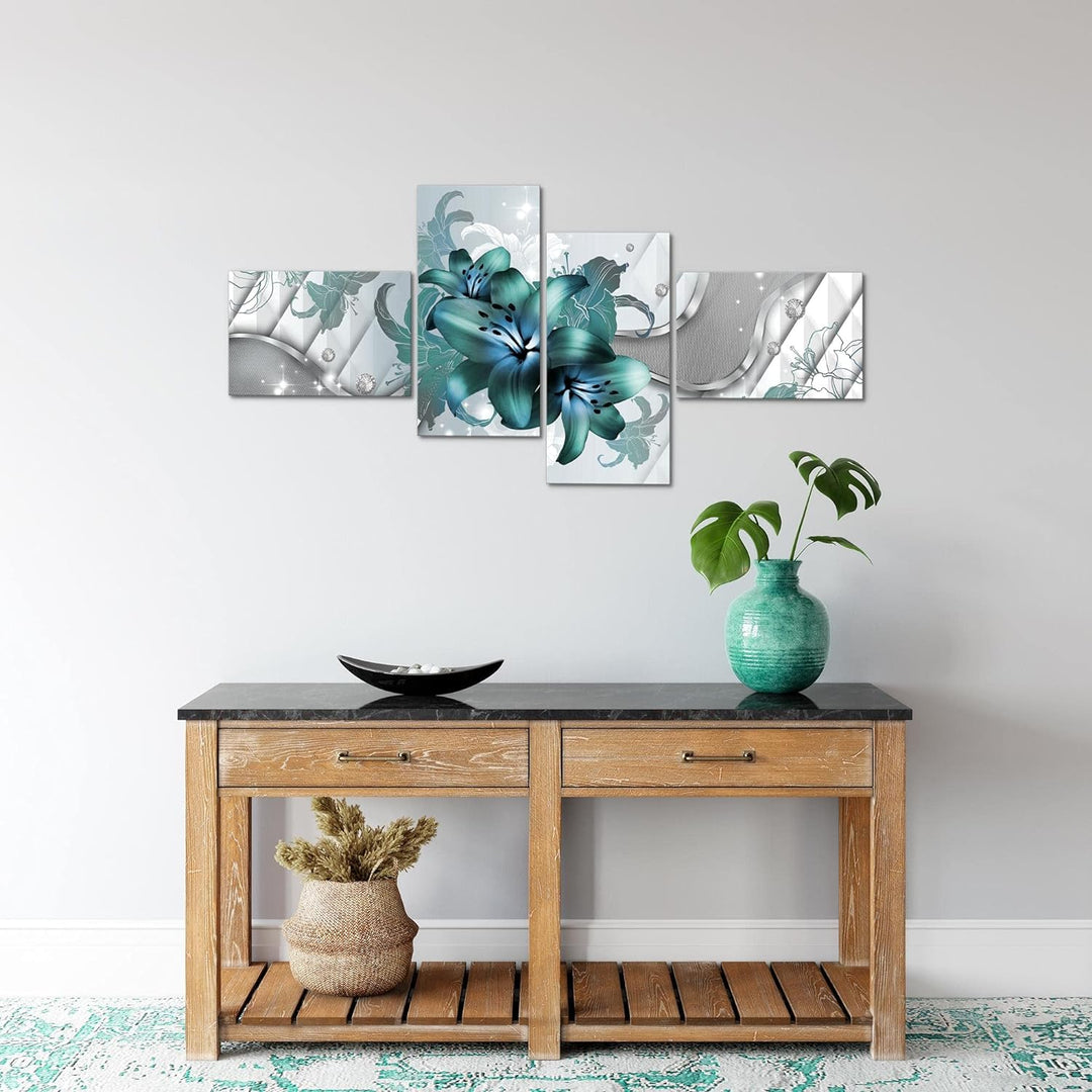 Runa Art Bild Modern Blumen Lilien - Made in Germany - Wandbilder Abstrakt Grau Türkis 4 Teilig 0165