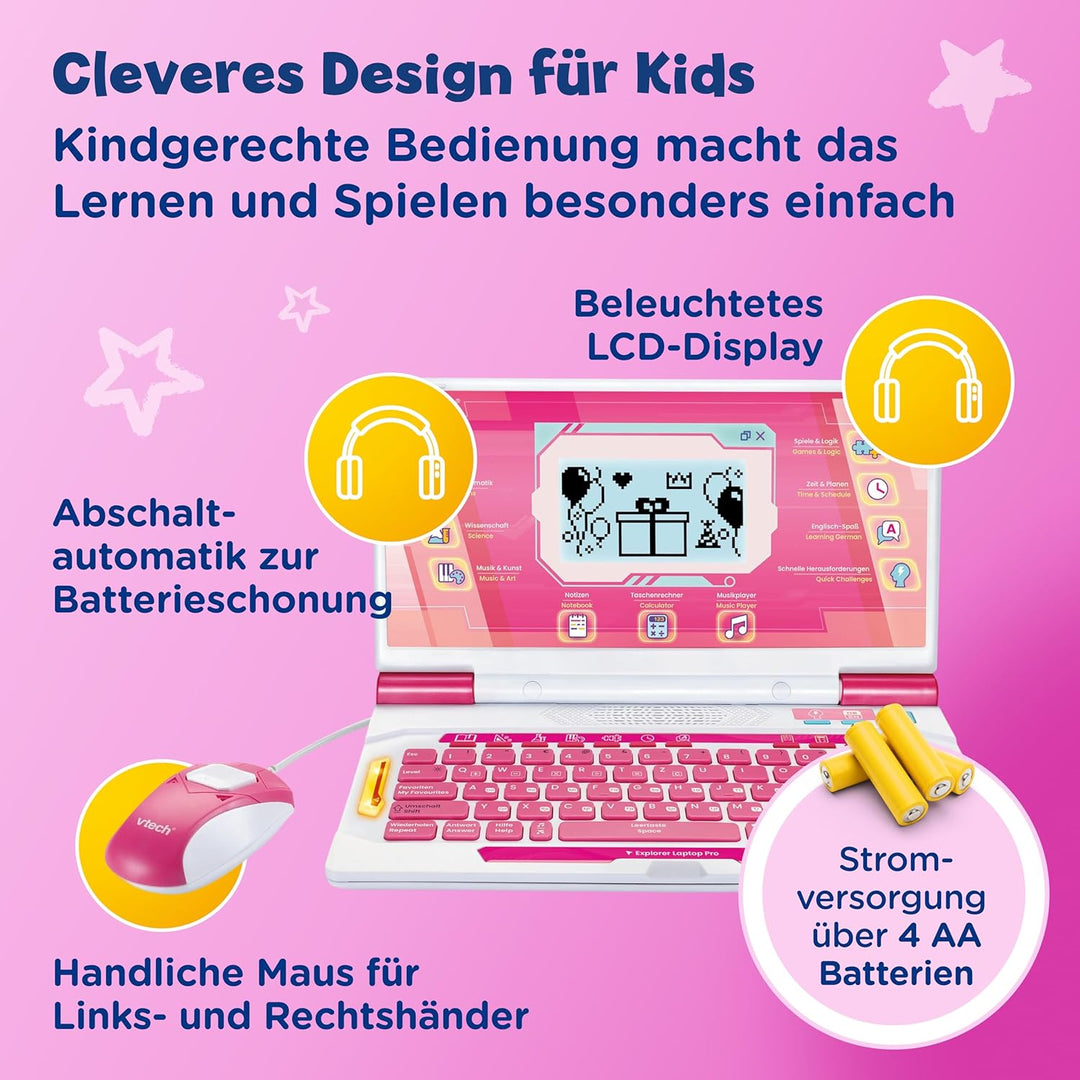 Vtech Explorer Laptop Pro Pink I Lernlaptop mit 164 Spielen I Bilingual Deutsch Englisch I 8 Lernkat
