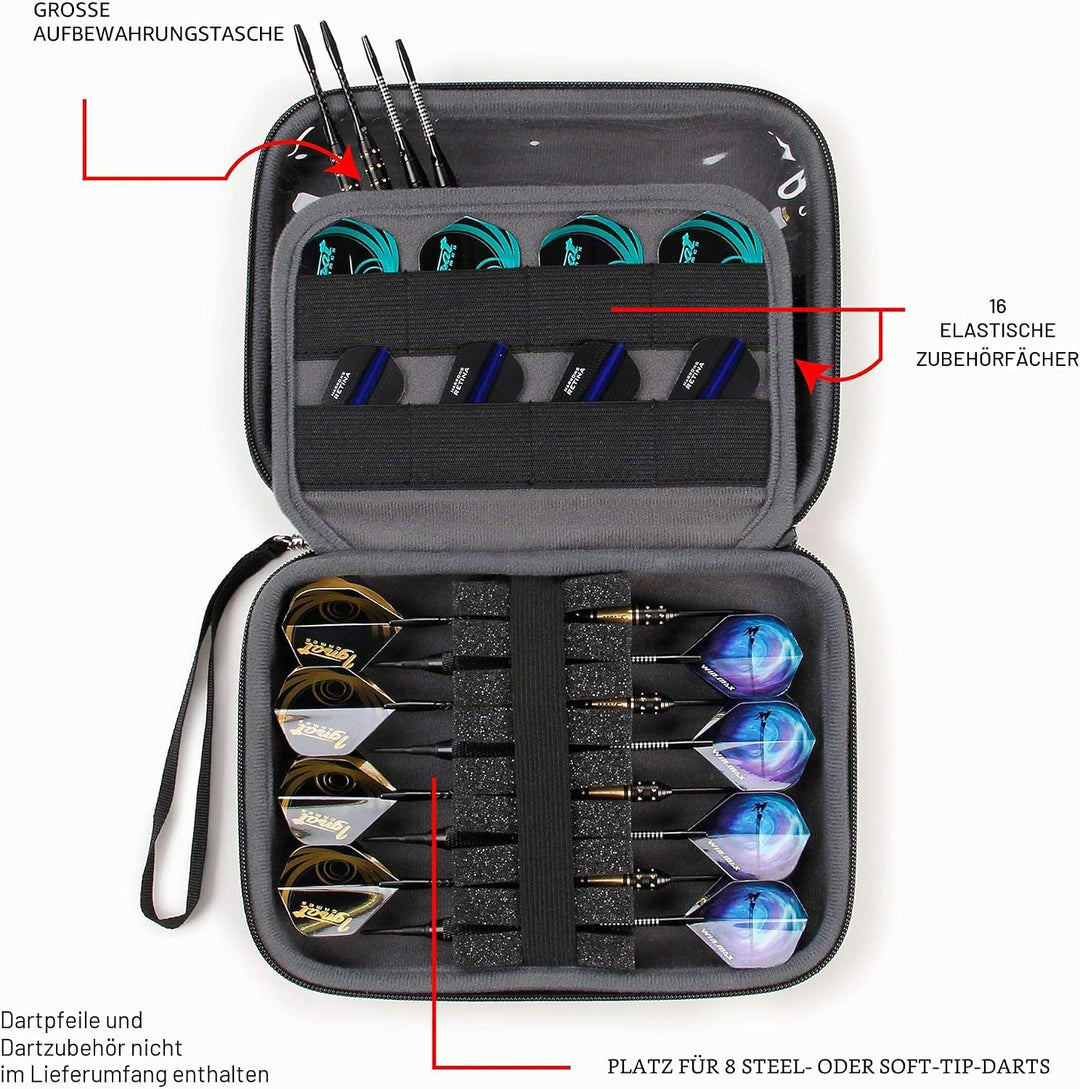USA Gear Hartschalen-Dartkoffer - Darthalter für 8 Pfeile und Zubehör, Spitzen, Schäfte und Flüge -