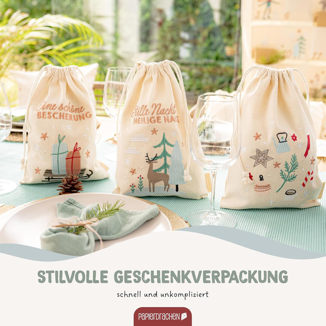 Papierdrachen 3 Geschenksäckchen in beige mit Bestickung in pastell - zum Befüllen und Verschenken -