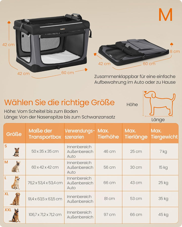 Feandrea Hundebox faltbar, 60 cm Transportbox für kleine Hunde, Hundetasche, Oxford-Gewebe, mit 4 Tü