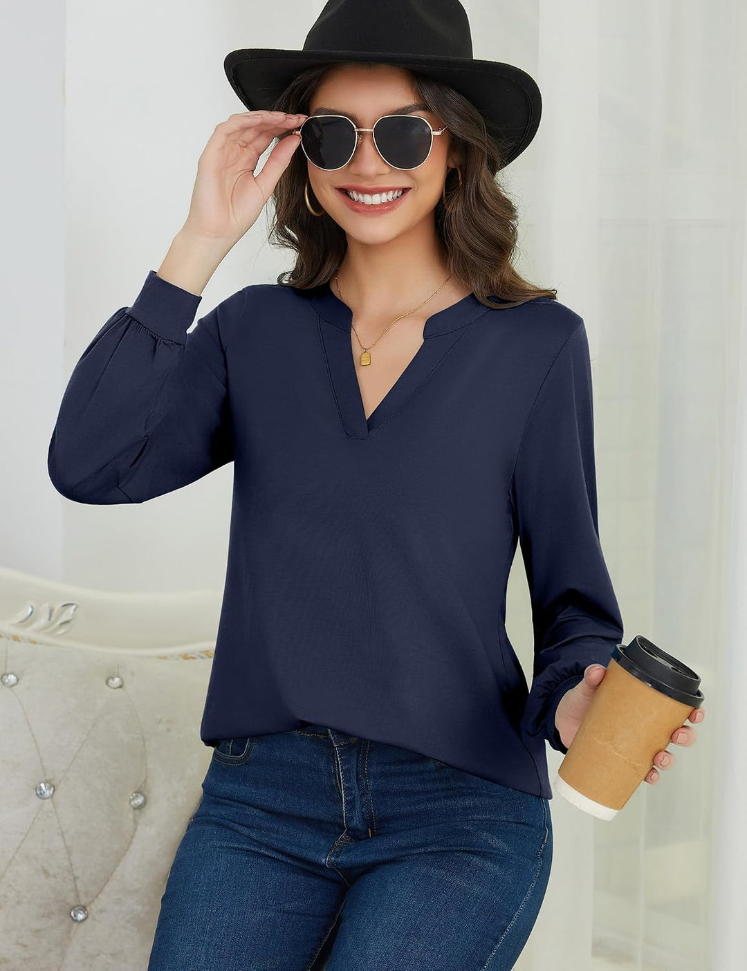 Beluring Langarmshirt Damen Elegant V Ausschnitt Tunika Bluse Einfarbig T-Shirt XL Marineblau, XL Ma