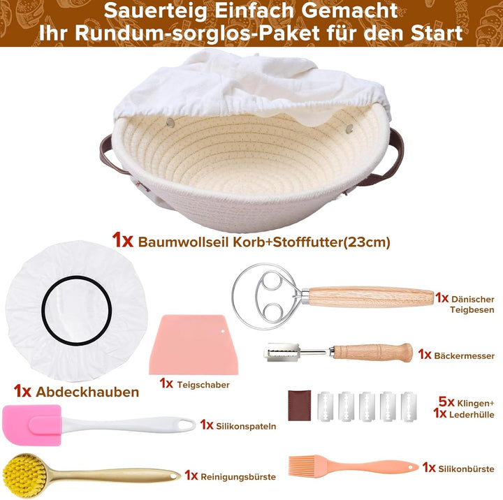 Gärkorb Brot Set, Gärkörbchen Baumwollseil Rund 23 cm mit Griff, Inklusive Gärfolie, Bäckermesser, T