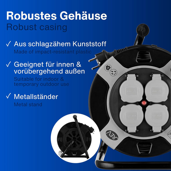 REV Kabeltrommel EX 25m Outdoor Verlängerungskabel aussen IP44, Ideal für Garten und Camping, 4-fach